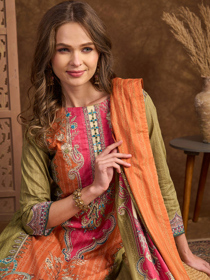 Ethnic Printed & Dori Embroidered Straight Fit Kurta with Pant and Dupatta - Green
