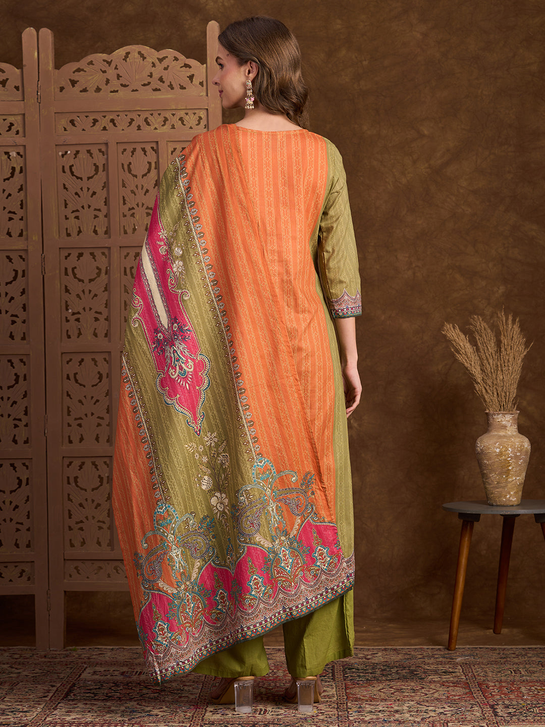 Ethnic Printed & Dori Embroidered Straight Fit Kurta with Pant and Dupatta - Green