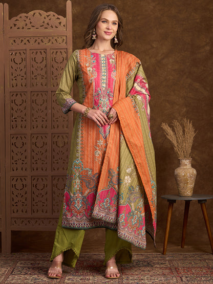 Ethnic Printed & Dori Embroidered Straight Fit Kurta with Pant and Dupatta - Green
