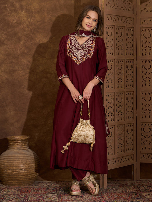 Solid Ethnic Embroidered Anarkali Flared Kurta with Pant and Dupatta - Maroon