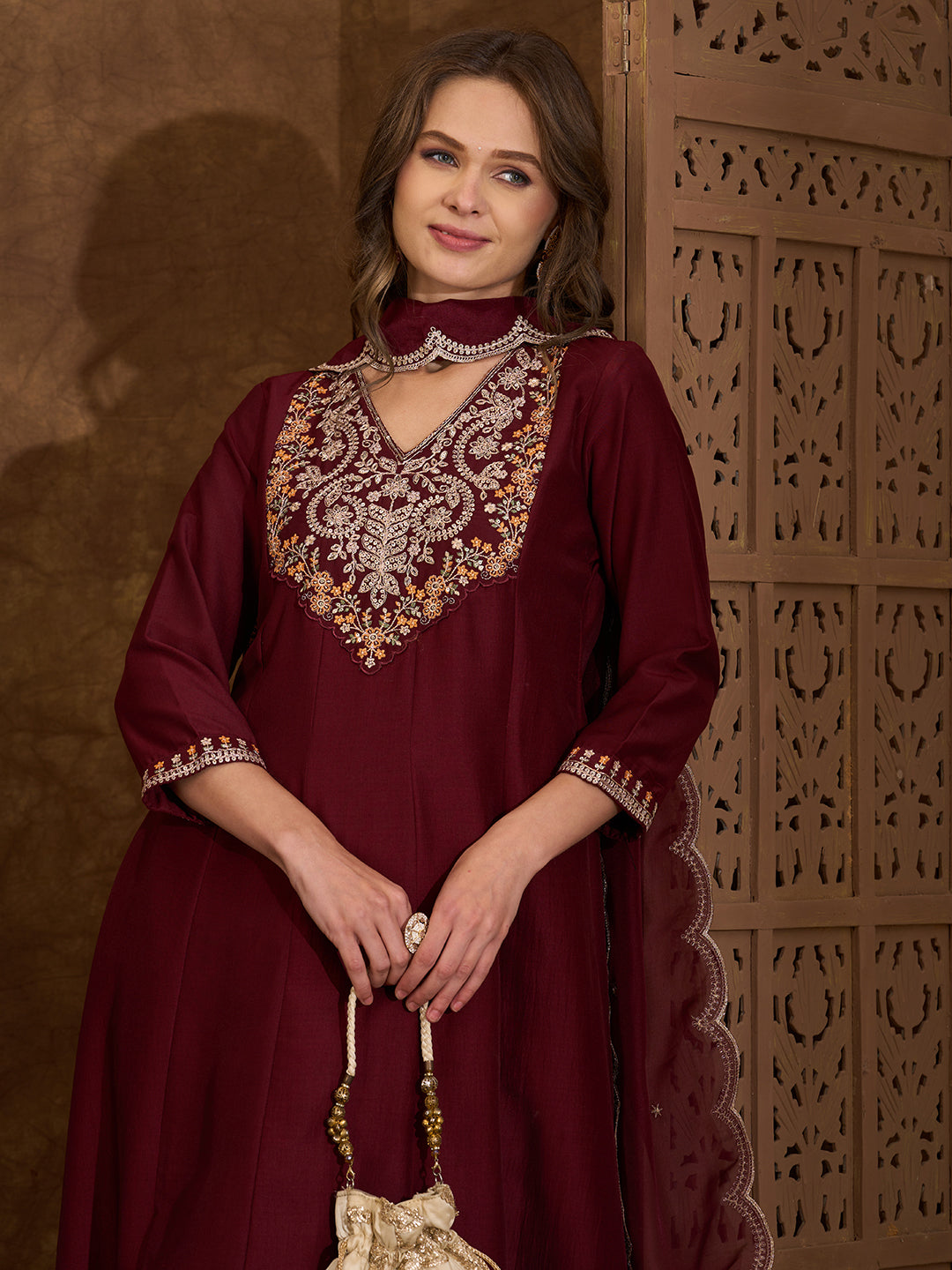 Solid Ethnic Embroidered Anarkali Flared Kurta with Pant and Dupatta - Maroon