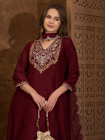 Solid Ethnic Embroidered Anarkali Flared Kurta with Pant and Dupatta - Maroon