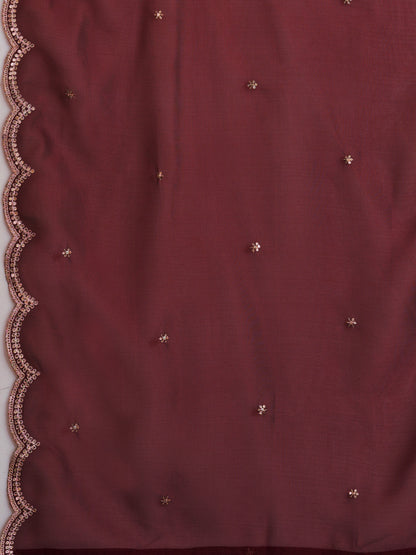 Solid Ethnic Embroidered Anarkali Flared Kurta with Pant and Dupatta - Maroon