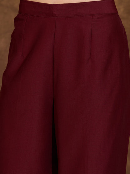 Solid Ethnic Embroidered Anarkali Flared Kurta with Pant and Dupatta - Maroon