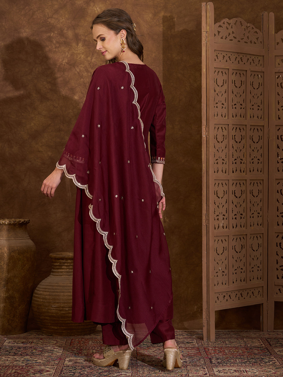 Solid Ethnic Embroidered Anarkali Flared Kurta with Pant and Dupatta - Maroon