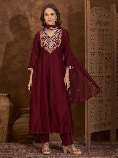 Solid Ethnic Embroidered Anarkali Flared Kurta with Pant and Dupatta - Maroon