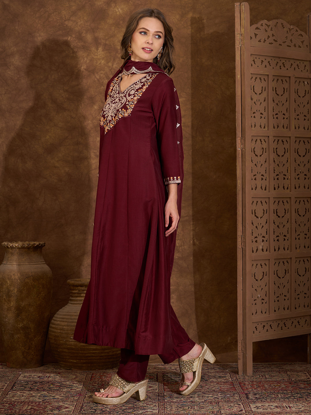 Solid Ethnic Embroidered Anarkali Flared Kurta with Pant and Dupatta - Maroon