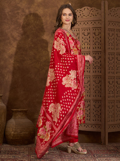 Floral Printed Embroidered A-Line Pleated Kurta with Pant and Printed Dupatta - Red