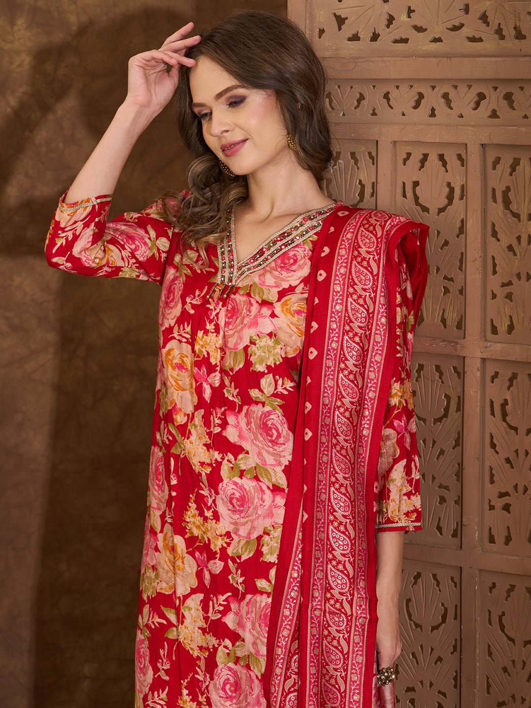 Floral Printed Embroidered A-Line Pleated Kurta with Pant and Printed Dupatta - Red