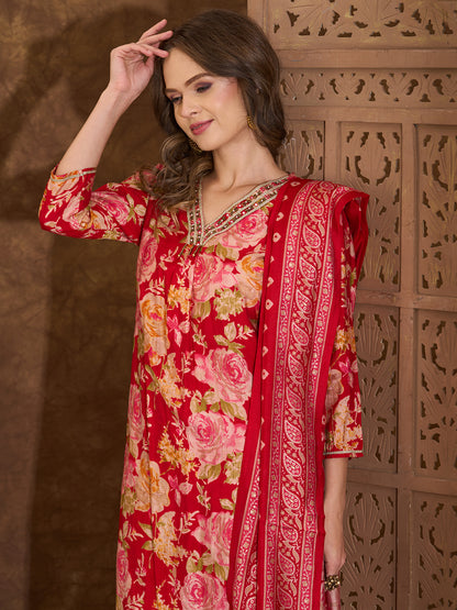 Floral Printed Embroidered A-Line Pleated Kurta with Pant and Printed Dupatta - Red