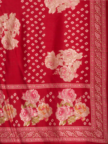 Floral Printed Embroidered A-Line Pleated Kurta with Pant and Printed Dupatta - Red