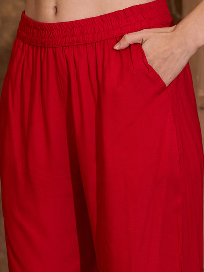 Floral Printed Embroidered A-Line Pleated Kurta with Pant and Printed Dupatta - Red