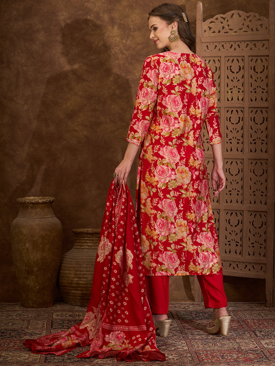 Floral Printed Embroidered A-Line Pleated Kurta with Pant and Printed Dupatta - Red