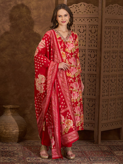 Floral Printed Embroidered A-Line Pleated Kurta with Pant and Printed Dupatta - Red