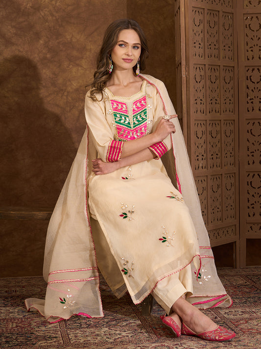 Solid Gota Patti Embroidered Straight Cut Kurta with Pant & Dupatta - Cream