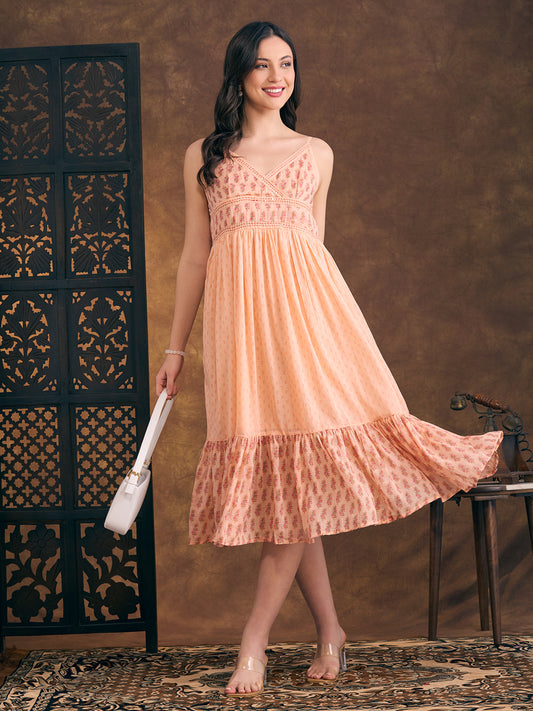 Ethnic Floral Printed & Kantha Work Cotton Mulmul A-Line Pleated Midi Dress - Peach