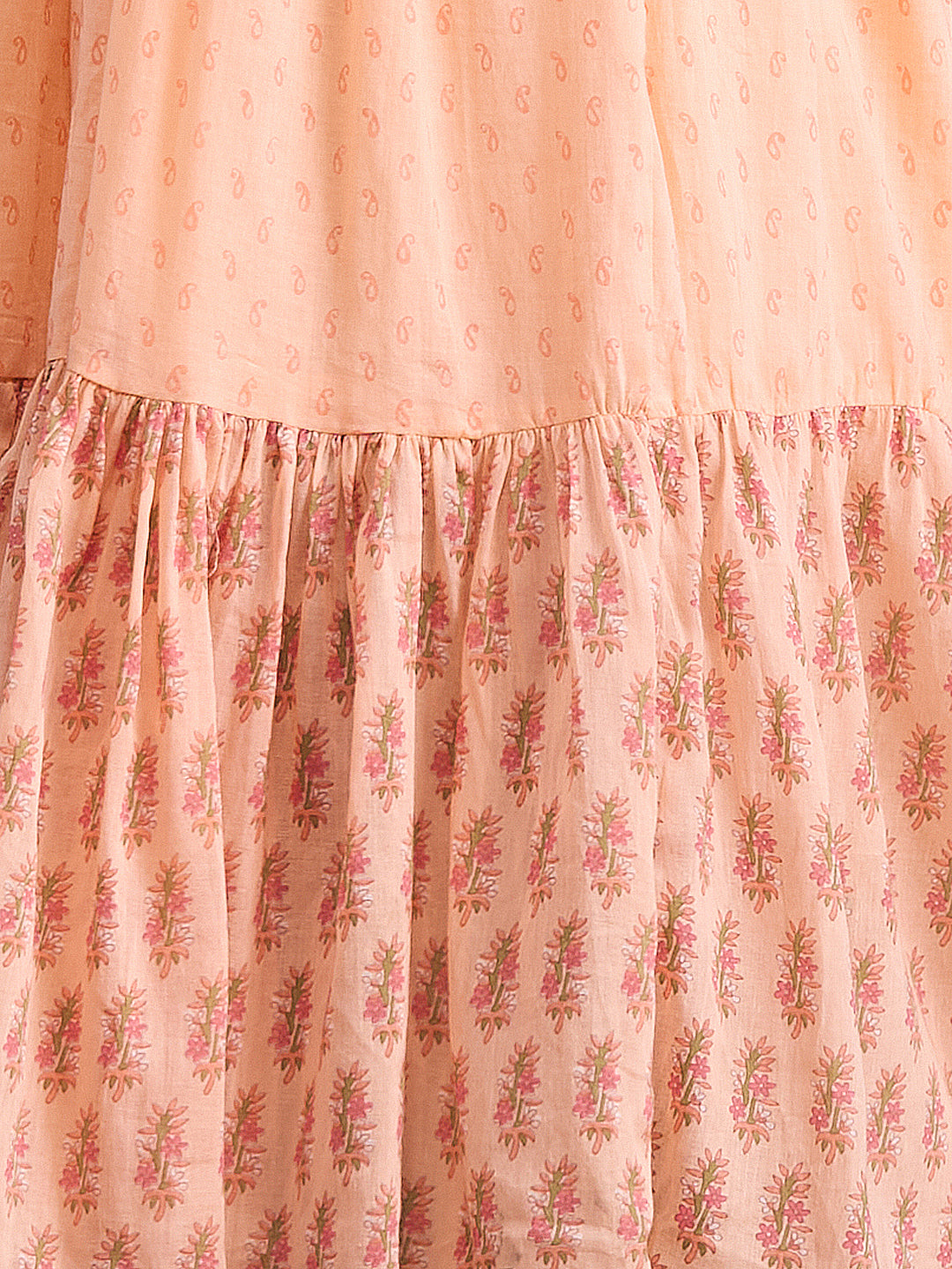 Ethnic Floral Printed & Kantha Work Cotton Mulmul A-Line Pleated Midi Dress - Peach