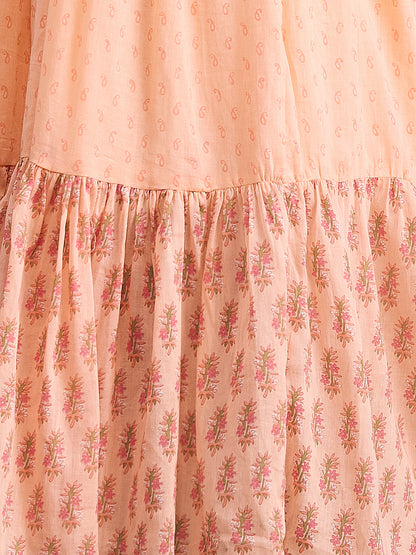 Ethnic Floral Printed & Kantha Work Cotton Mulmul A-Line Pleated Midi Dress - Peach
