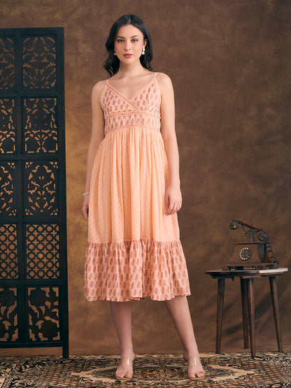 Ethnic Floral Printed & Kantha Work Cotton Mulmul A-Line Pleated Midi Dress - Peach