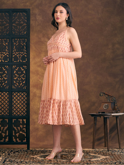 Ethnic Floral Printed & Kantha Work Cotton Mulmul A-Line Pleated Midi Dress - Peach