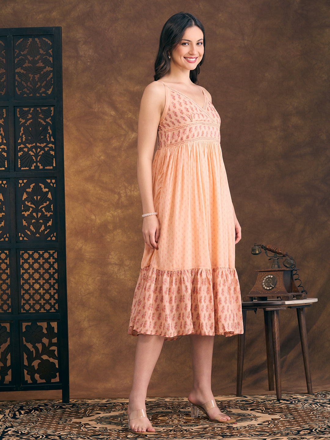 Ethnic Floral Printed & Kantha Work Cotton Mulmul A-Line Pleated Midi Dress - Peach