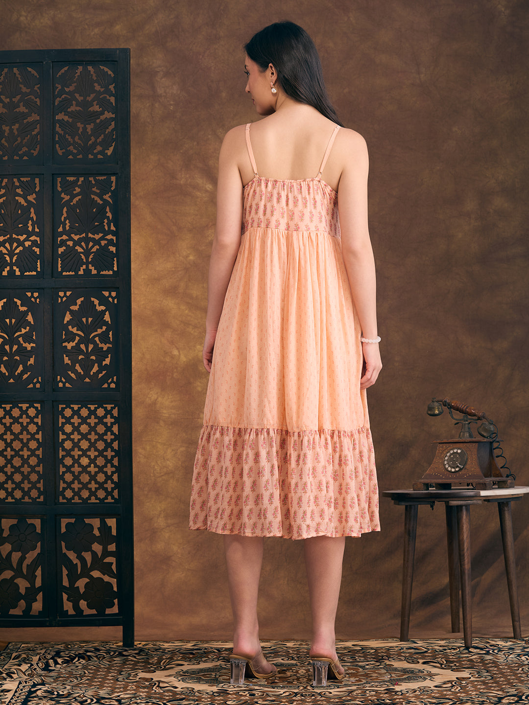Ethnic Floral Printed & Kantha Work Cotton Mulmul A-Line Pleated Midi Dress - Peach
