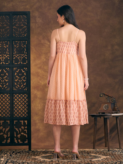 Ethnic Floral Printed & Kantha Work Cotton Mulmul A-Line Pleated Midi Dress - Peach