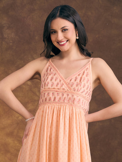 Ethnic Floral Printed & Kantha Work Cotton Mulmul A-Line Pleated Midi Dress - Peach