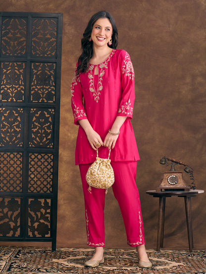 Solid Ethnic Zari Embroidered Straight Fit Kurta with Pant - Pink