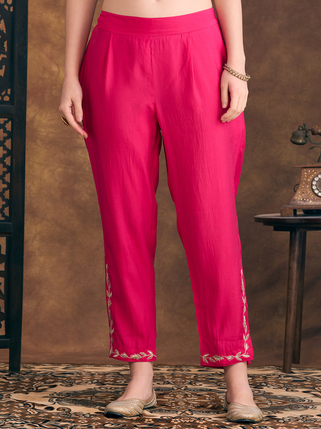 Solid Ethnic Zari Embroidered Straight Fit Kurta with Pant - Pink