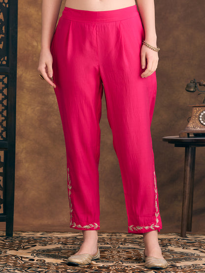 Solid Ethnic Zari Embroidered Straight Fit Kurta with Pant - Pink