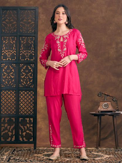 Solid Ethnic Zari Embroidered Straight Fit Kurta with Pant - Pink