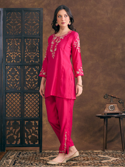 Solid Ethnic Zari Embroidered Straight Fit Kurta with Pant - Pink