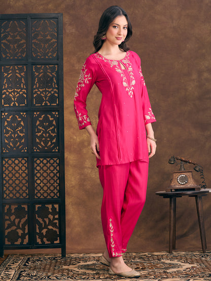 Solid Ethnic Zari Embroidered Straight Fit Kurta with Pant - Pink