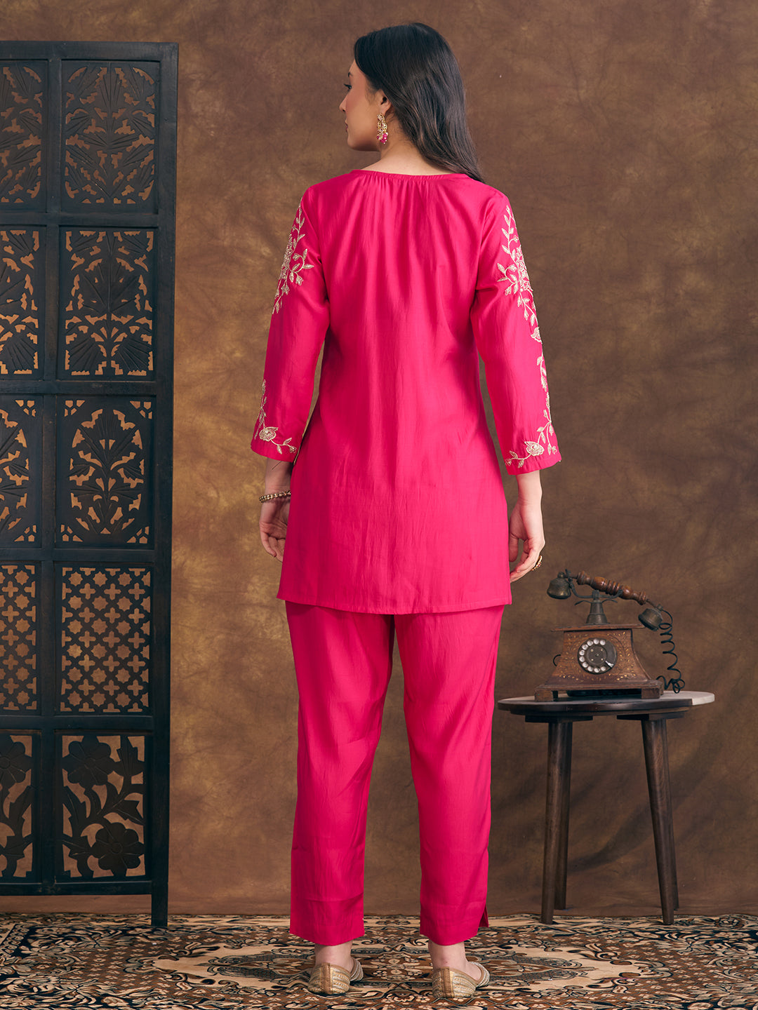 Solid Ethnic Zari Embroidered Straight Fit Kurta with Pant - Pink