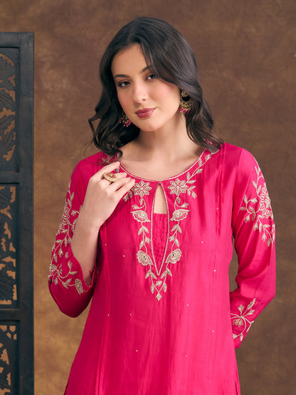 Solid Ethnic Zari Embroidered Straight Fit Kurta with Pant - Pink