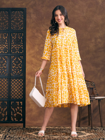 Abstract Printed A-Line Tiered Flared Midi Dress - Yellow