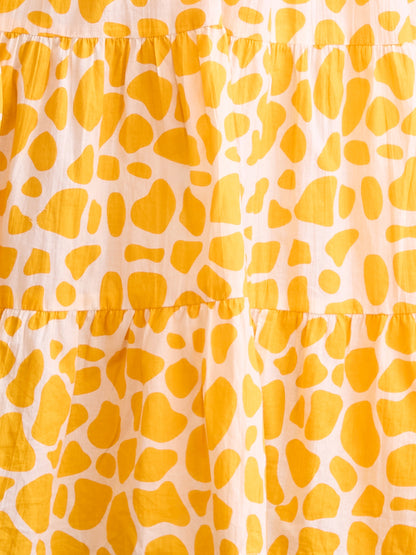 Abstract Printed A-Line Tiered Flared Midi Dress - Yellow