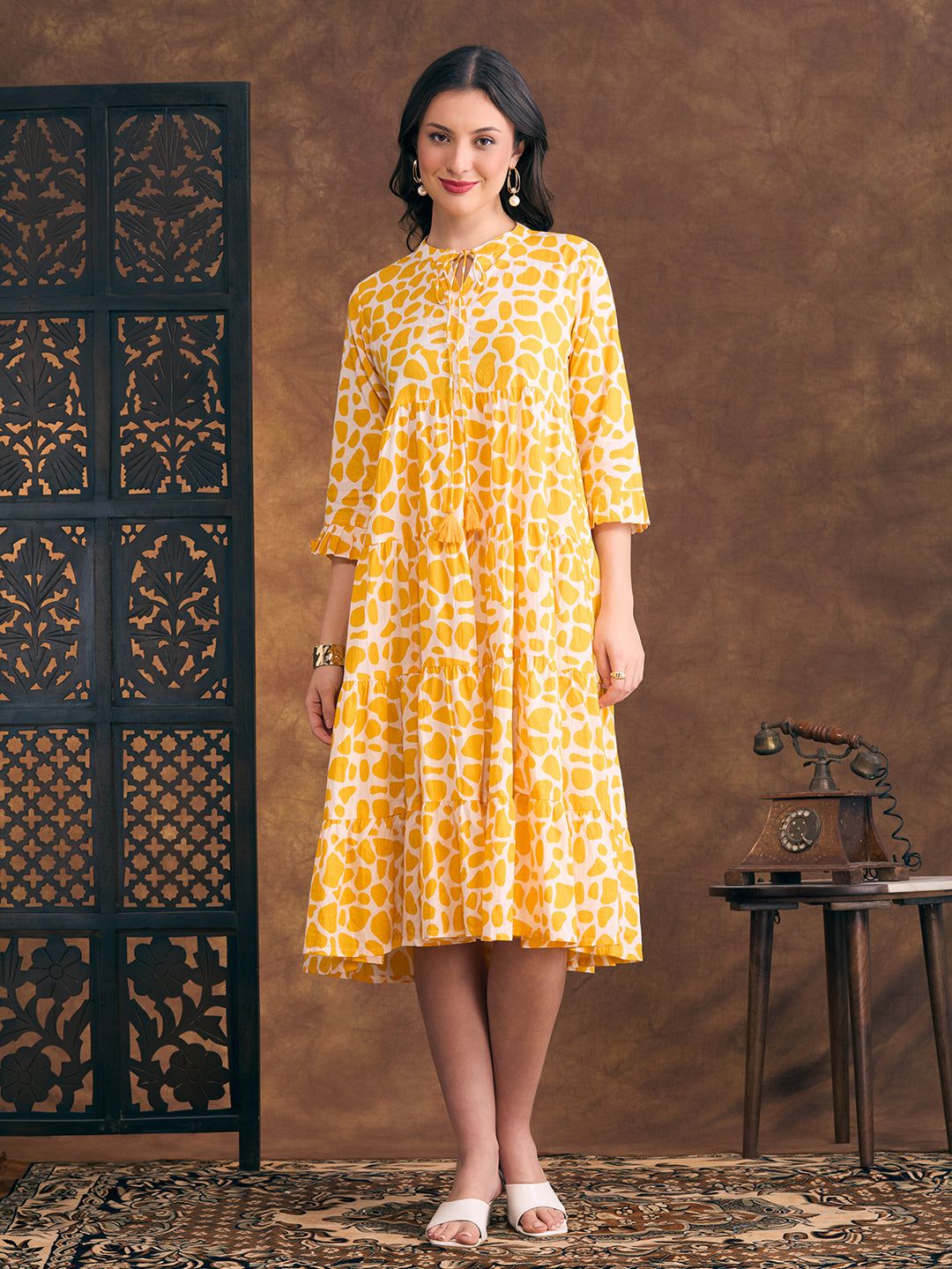Abstract Printed A-Line Tiered Flared Midi Dress - Yellow