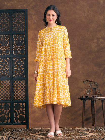 Abstract Printed A-Line Tiered Flared Midi Dress - Yellow