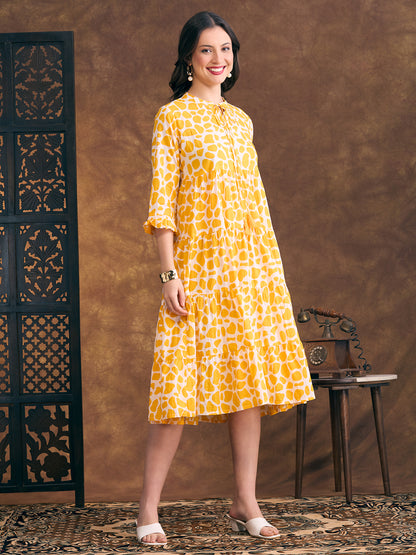 Abstract Printed A-Line Tiered Flared Midi Dress - Yellow