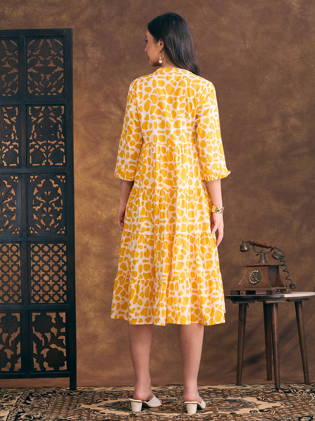 Abstract Printed A-Line Tiered Flared Midi Dress - Yellow