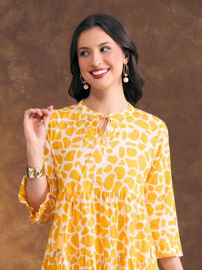 Abstract Printed A-Line Tiered Flared Midi Dress - Yellow