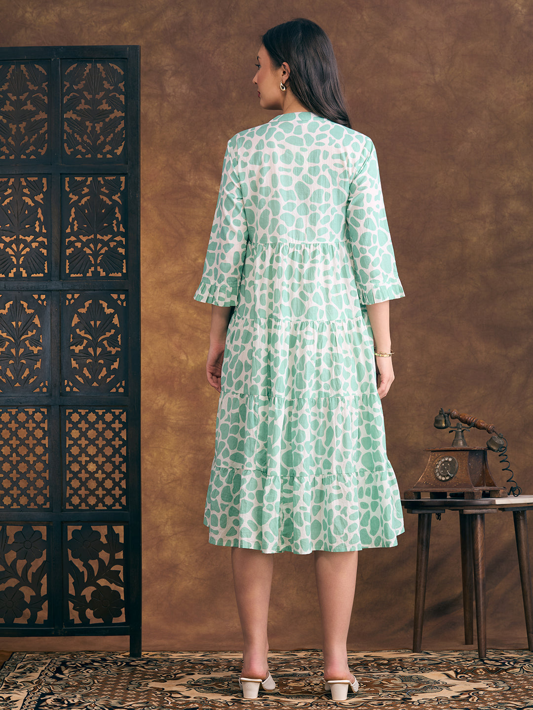Abstract Printed A-Line Tiered Flared Midi Dress - Green