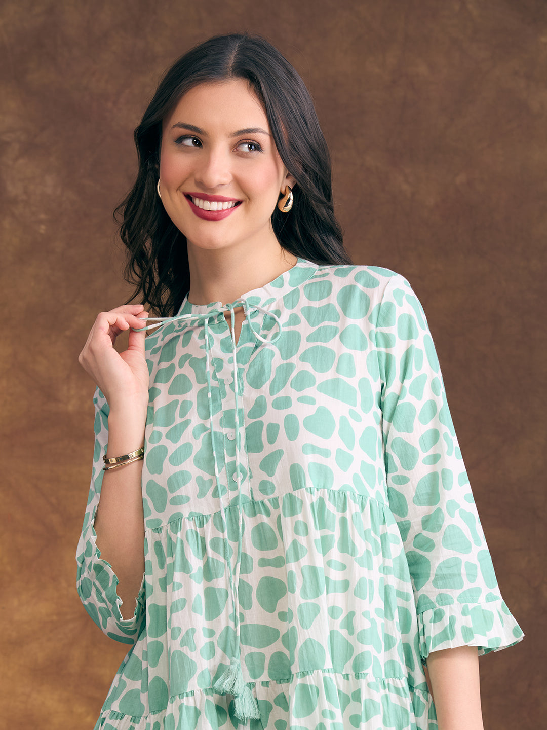 Abstract Printed A-Line Tiered Flared Midi Dress - Green