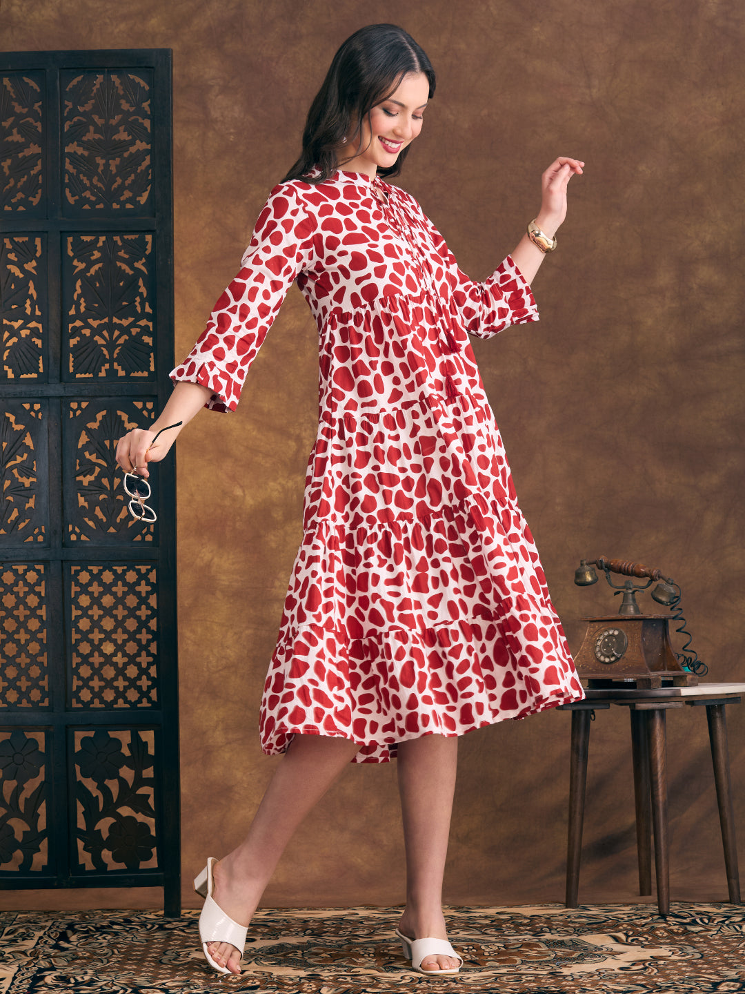 Abstract Printed A-Line Tiered Flared Midi Dress - Red