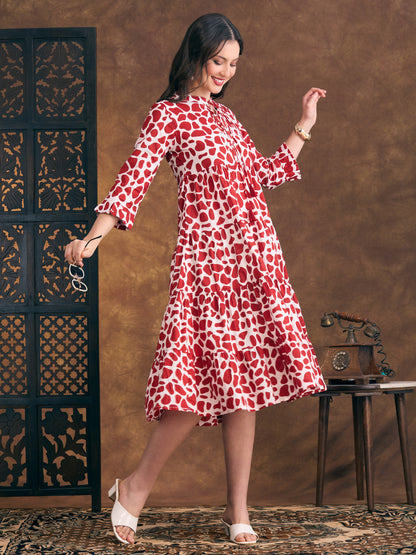 Abstract Printed A-Line Tiered Flared Midi Dress - Red