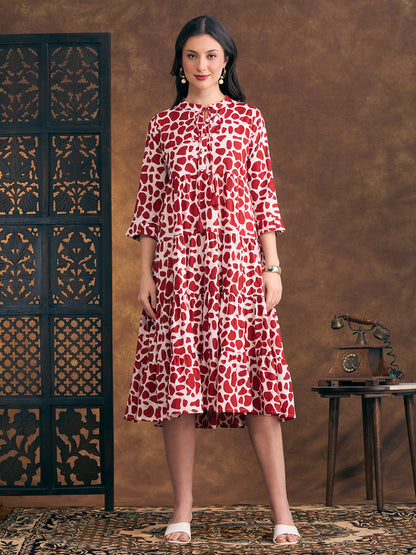 Abstract Printed A-Line Tiered Flared Midi Dress - Red