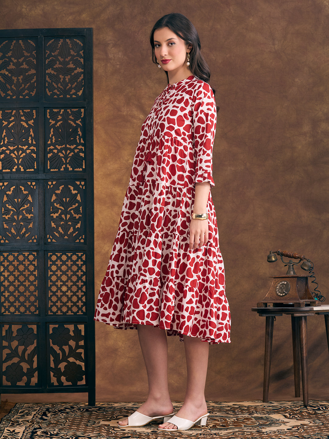 Abstract Printed A-Line Tiered Flared Midi Dress - Red