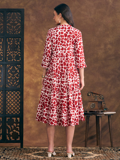 Abstract Printed A-Line Tiered Flared Midi Dress - Red
